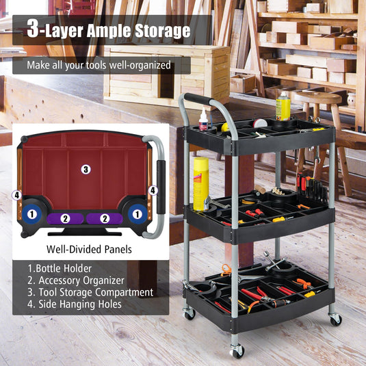 Goplus 3-Tier Rolling Tool Cart, Mobile Service Cart with Storage Compartment