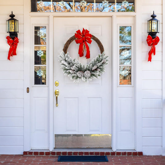 Goplus 24” Pre-Lit Artificial Christmas Wreath, Snow Flocked Xmas Wreath with 35 Battery Operated Warm White LED Lights