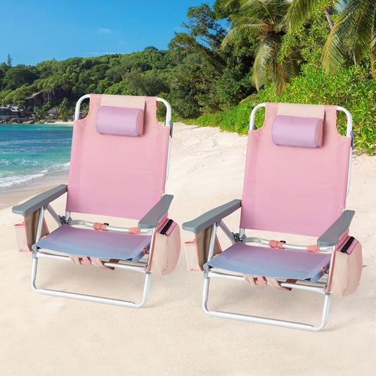 Goplus Backpack Beach Chairs, 4 Pcs Portable Camping Chairs with Cool Bag and Cup Holder