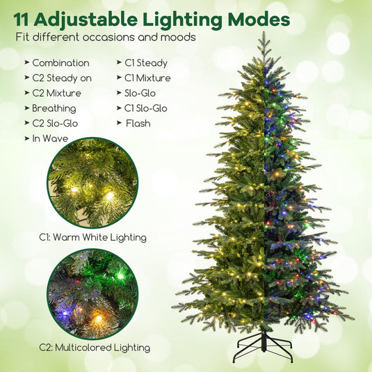 Goplus 7.5ft Pre-Lit Artificial Christmas Tree with 1162 PVC & PE Tips, 380 Multicolored & Warm White LED Lights