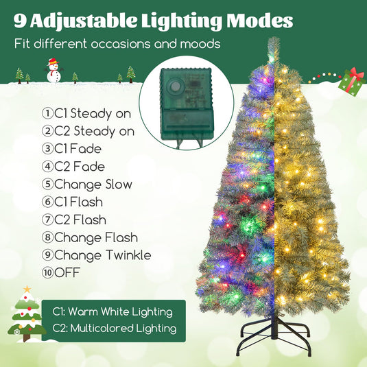 Goplus 4.5ft Pre-Lit Blue Slim Pencil Christmas Tree, with 100 Warm White & Multicolored LED Lights, 9 Modes, 256 Branch Tips