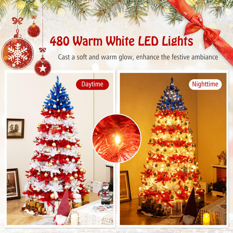 Load image into Gallery viewer, Goplus 7.5 FT Pre-Lit Patriotic Artificial Christmas Tree, Flag-Themed Hinged Xmas Tree with 480 Warm White LED Lights
