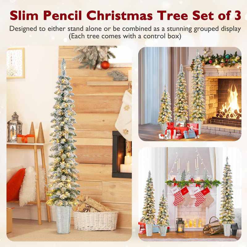 Load image into Gallery viewer, Goplus 3&#39; 4&#39; 5&#39; Pre-Lit Snow Flocked Christmas Tree Set of 3, Slim Pencil Artificial Potted Xmas Trees with 423 Branch Tips
