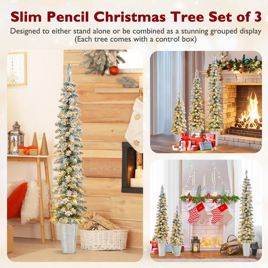 Goplus 3' 4' 5' Pre-Lit Snow Flocked Christmas Tree Set of 3, Slim Pencil Artificial Potted Xmas Trees with 423 Branch Tips