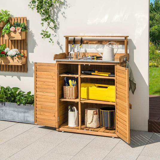 Goplus Outdoor Potting Bench Table, Gardening Table w/Storage Cabinet, Galvanized Metal Tabletop