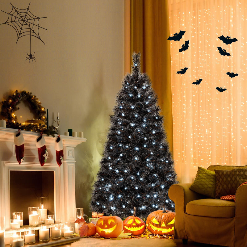 Load image into Gallery viewer, Goplus 6/7/8 ft Pre-Lit Black Halloween Christmas Tree, Artificial Hinged Xmas Full Tree with 362/572/860 Pine Needles &amp; PVC Branch Tips
