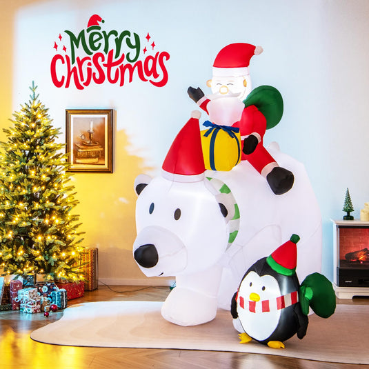 Goplus 7FT Christmas Inflatables, LED Lighted Xmas Inflatable Polar Bear with Shaking Head, Santa & Penguin