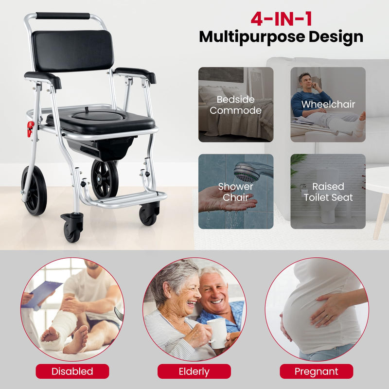 Load image into Gallery viewer, Goplus 4 in 1 Shower Commode Wheelchair, 330lbs Foldable Bedside Commode Chair for Toilet with Arms
