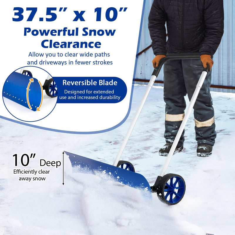 Load image into Gallery viewer, Goplus Snow Shovel for Driveway, Aluminum Snow Pusher with Wheels &amp; 37.5” Extra Wide Bi-Directional Blade
