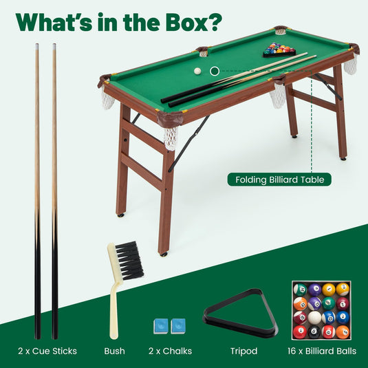 Goplus 55’’ Pool Table Set, Folding Billiards Table 2 Cue Sticks, 16 Balls, 2 Chalks, Triangle, Brush