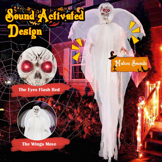 Goplus 8.3 FT Halloween Standing Angel, Poseable Halloween Animatronic Prop with Light up Eyes