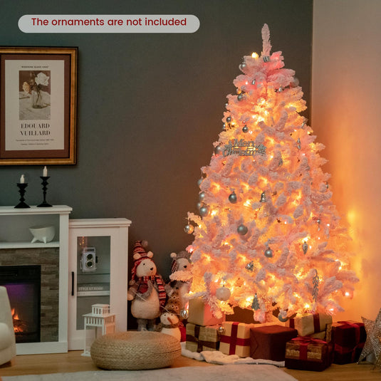 Goplus 6FT Pink Pre-lit Christmas Tree, Hinged Snow Flocked Artificial ...