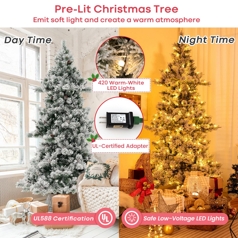 Load image into Gallery viewer, Goplus 7 FT Pre-Lit Snow Flocked Christmas Tree, Artificial Hinged Xmas Tree with 1057 PVC &amp; Pine Needles Branch Tip

