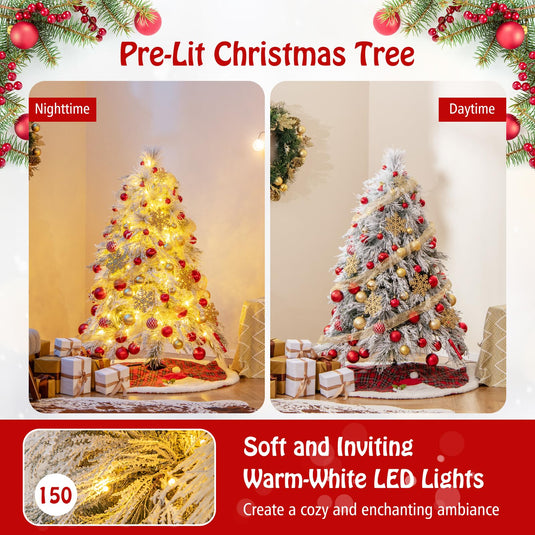 Goplus 4.5ft Pre-Lit Snow Flocked Christmas Tree, Artificial Hinged Full Xmas Tree with 279 PVC & Pine Needles