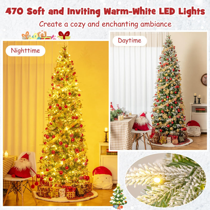 Load image into Gallery viewer, Goplus 9 FT Pre-Lit Pencil Christmas Tree, Artificial Snow Flocked Hinged Fake Slim Xmas Tree with 470 Warm-White LED Lights
