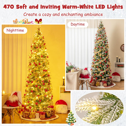 Goplus 9 FT Pre-Lit Pencil Christmas Tree, Artificial Snow Flocked Hinged Fake Slim Xmas Tree with 470 Warm-White LED Lights