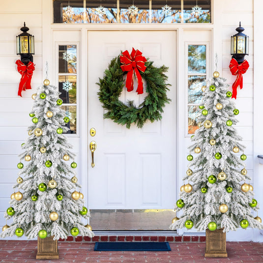 Goplus 6ft Snow Flocked Christmas Tree for Entrances, Hinged Artificial Potted Xmas Tree with 48 Ball Ornaments