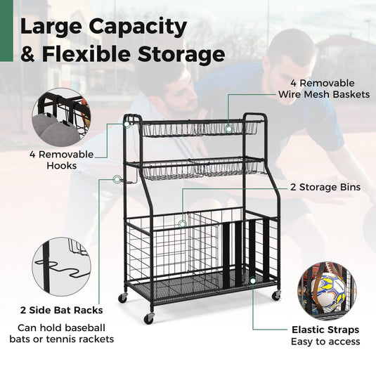 Goplus Sports Equipment Organizer for Garage, Ball Storage Rack w/Wheels