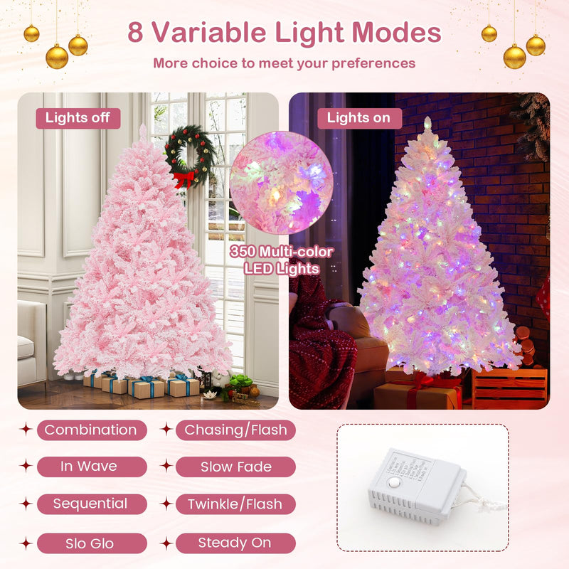 Goplus 6FT Pink Pre-lit Christmas Tree, Hinged Snow Flocked Artificial ...