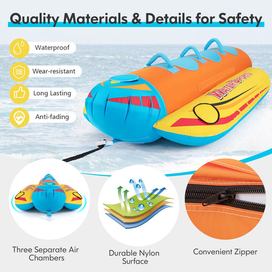 Goplus Inflatable Towable Tubes for Boating, Water Sports Banana Boat with 3 EVA-padded Seats for Towing Rider