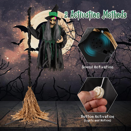 Goplus Witch with Broomstick Halloween Animatronic, Life Size Animated Halloween Prop with Laughing and Screaming Sound