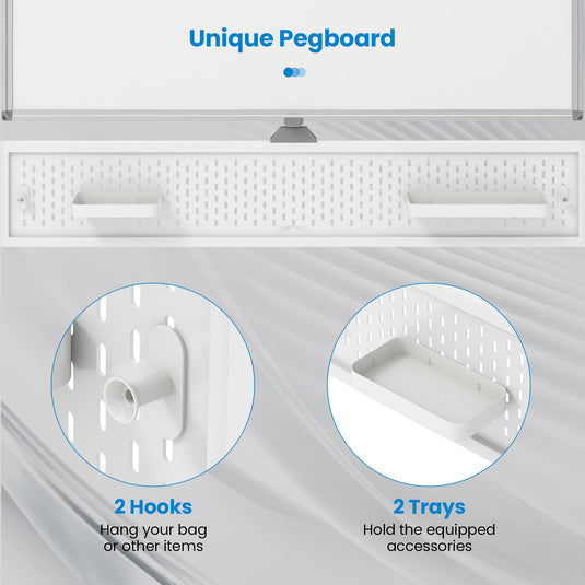 Goplus Rolling Whiteboard, 48” x 36” Height Adjustable Dry Erase Board with Pegboard, Hooks & Trays, Magnets