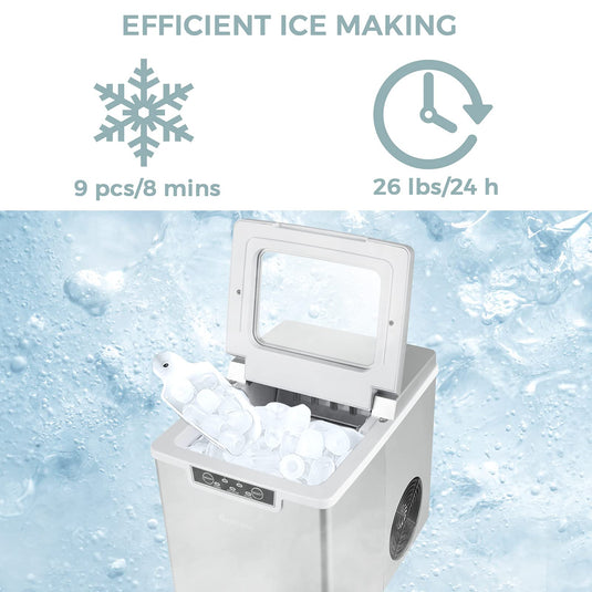 Portable Countertop Ice Maker, 26LBS/24H Mini Ice Cube Machine w/8 Min Processing 9 Cubes