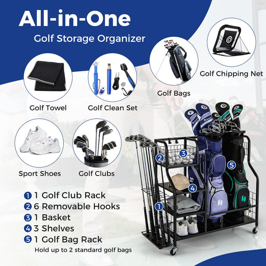 Goplus Golf Bag Storage Garage Organizer, Extra Large Storage Stand for 2 Golf Bags