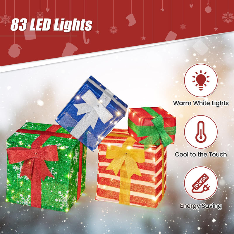 Load image into Gallery viewer, Goplus Lighted Gift Boxes, Set of 4 Stackable Pre-lit Box Decorations with Warm White LED Lights &amp; Pre-Assembled Ribbons
