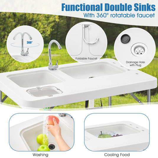 Goplus 40'' Folding Fish Cleaning Table with Dual Water Basins