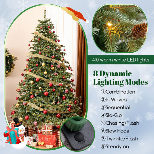 Goplus 8ft Pre-Lit Artificial Christmas Tree with 410 Warm White LED Lights, 8 Modes, 1226 PVC & PE Branch Tips