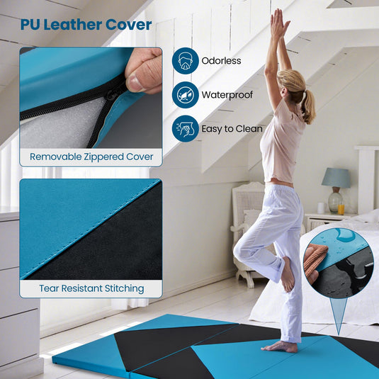 Goplus Folding Gymnastics Mat, 10’ x 4’ x 2’’ Thick Tumbling Mats with PU Leather, Hook & Loop Fasteners