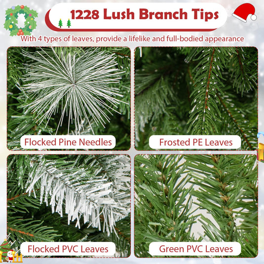 Goplus 9ft Pre-Lit Pencil Christmas Tree, Artificial Hinged Xmas Tree with 1228 Flocked Frosted Tips