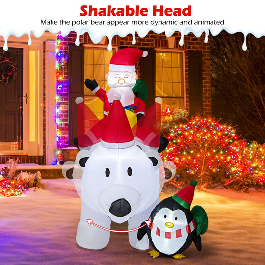 Goplus 7FT Christmas Inflatables, LED Lighted Xmas Inflatable Polar Bear with Shaking Head, Santa & Penguin