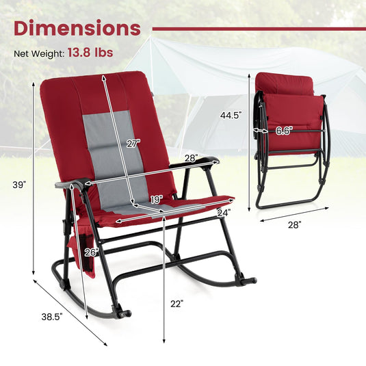 Goplus Oversized Folding Rocking Chair, Padded Patio Lounge Rocker w/Metal Frame, Armrests, Side Pocket