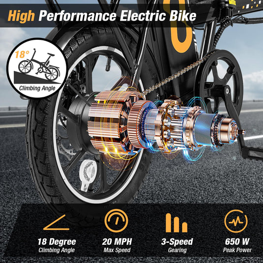 Goplus Electric Bike for Adults, 16" Folding Ebike w/Pedals, 650W Brushless Motor, 42V 10.4Ah Removable Battery