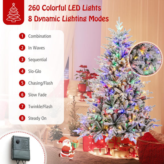 Goplus 6ft Pre-Lit Snow Flocked Christmas Tree, Artificial Hinged Full Xmas Tree with 260 Multicolored LED Lights