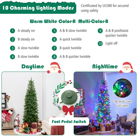 Goplus 5ft Pre-Lit Pencil Christmas Tree, Hinged Artificial Slim Tree with 390 PVC PE Branch Tips