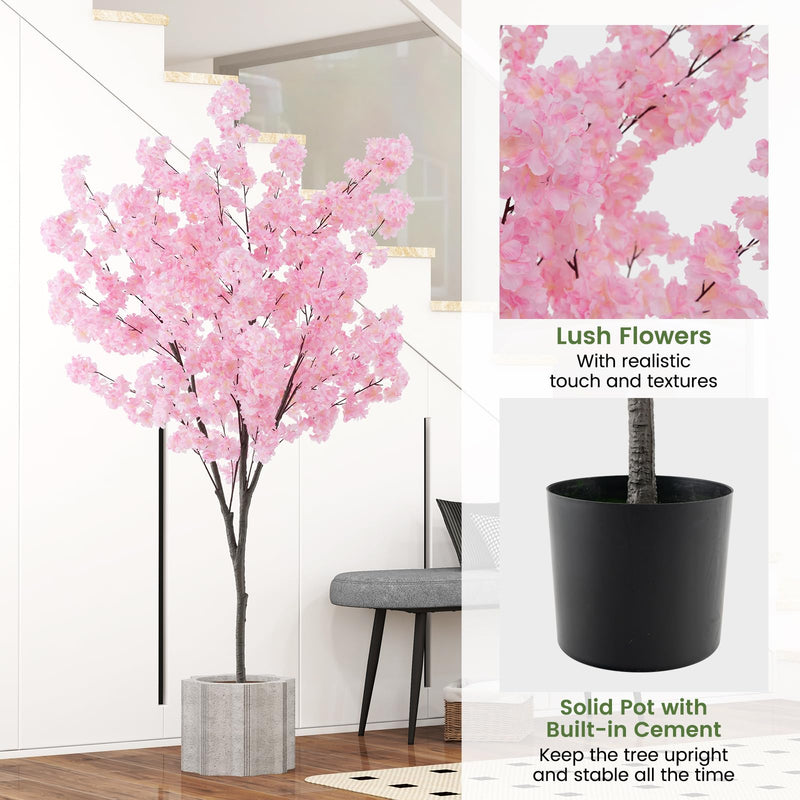 Load image into Gallery viewer, Goplus 6.5FT Artificial Cherry Blossom Tree, Pink Fake Flower Tree, Faux Floral Plant Blooming Tree in Cement Pot
