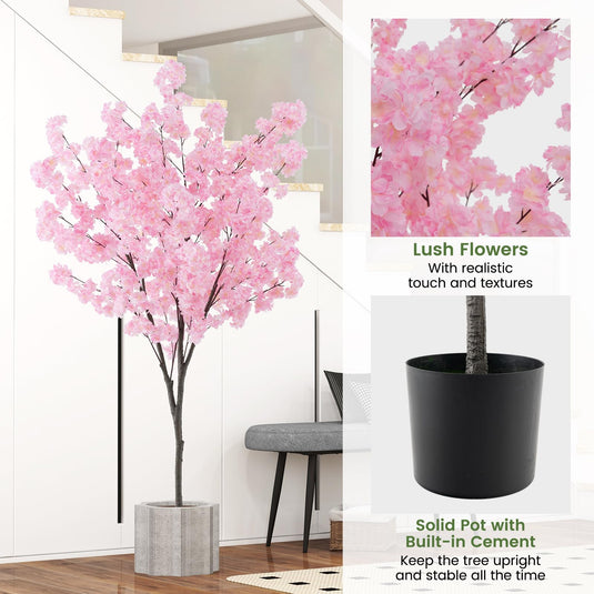 Goplus 6.5FT Artificial Cherry Blossom Tree, Pink Fake Flower Tree, Faux Floral Plant Blooming Tree in Cement Pot