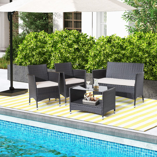 Goplus 4PCS Patio Rattan Furniture Set Armrest Cushion Sofa Coffee Table W/Shelf Garden