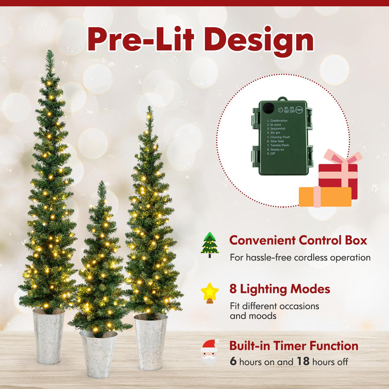 Load image into Gallery viewer, Goplus 3&#39; 4&#39; 5&#39; Pre-Lit Artificial Christmas Tree Set of 3, Slim Pencil Potted Xmas Tree with 423 Branch Tips, 230 Warm White LED Lights
