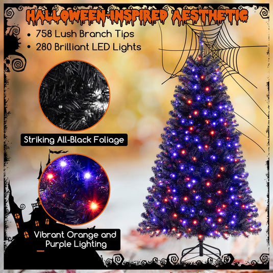 Goplus 6/7/8 FT Pre-Lit Black Halloween Tree, Artificial Hinged Christmas Tree with 280/380/500 Orange & Purple LED Lights