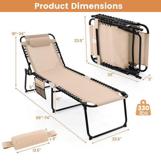 Goplus Beach Lounge Chair, Folding Chaise Lounger with Detachable Pillow & Adjustable 4-Level Backrest & 2-Level Footrest