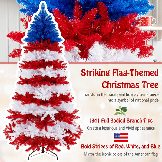 Goplus 7.5 FT Pre-Lit Patriotic Artificial Christmas Tree, Flag-Themed Hinged Xmas Tree with 480 Warm White LED Lights