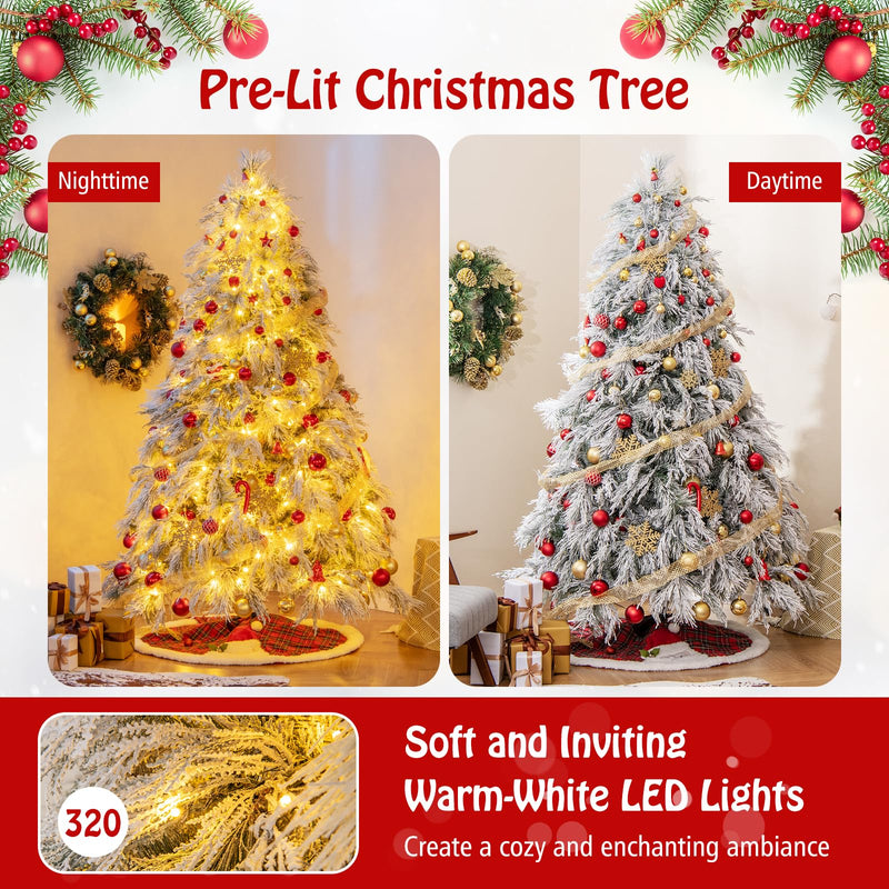 Load image into Gallery viewer, Goplus 7ft Pre-Lit Snow Flocked Christmas Tree, Artificial Hinged Full Xmas Tree with 743 PVC &amp; Pine Needles
