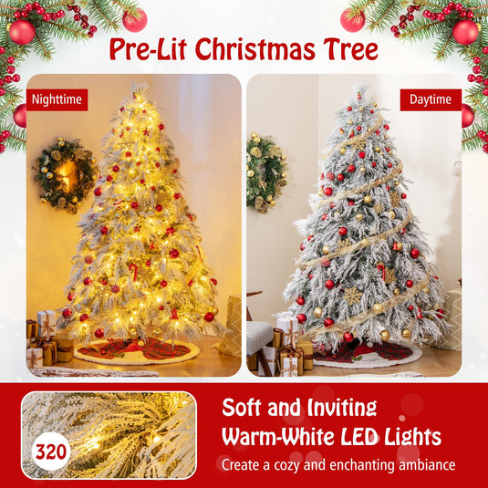 Goplus 7ft Pre-Lit Snow Flocked Christmas Tree, Artificial Hinged Full Xmas Tree with 743 PVC & Pine Needles