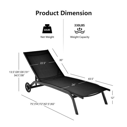 Patio Lounge Chairs for Pool Area, Outdoor Chaise Lounger with 6 Adjustable Position Smooth Wheels and Quick-Drying Fabric