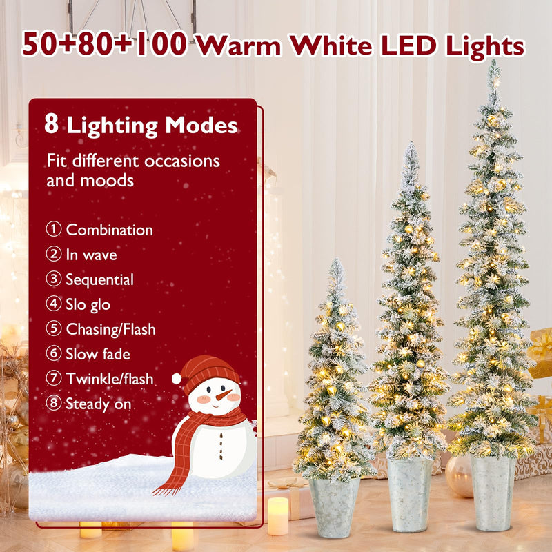 Load image into Gallery viewer, Goplus 3&#39; 4&#39; 5&#39; Pre-Lit Snow Flocked Christmas Tree Set of 3, Slim Pencil Artificial Potted Xmas Trees with 423 Branch Tips
