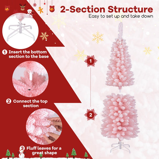 Goplus 5ft Pink Slim Pencil Christmas Tree, Artificial Unlit Skinny Xmas Full Tree with 328 Branch Tips